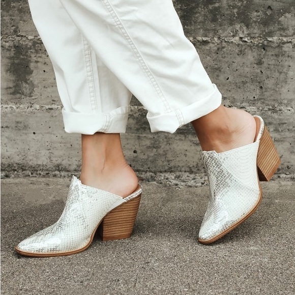 Chinese Laundry Beaute Pointed Toe Metallic Silver & Cream Block Heel Boho Mule